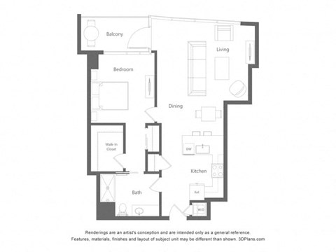 a floor plan of a unit with a bedroom and a living room